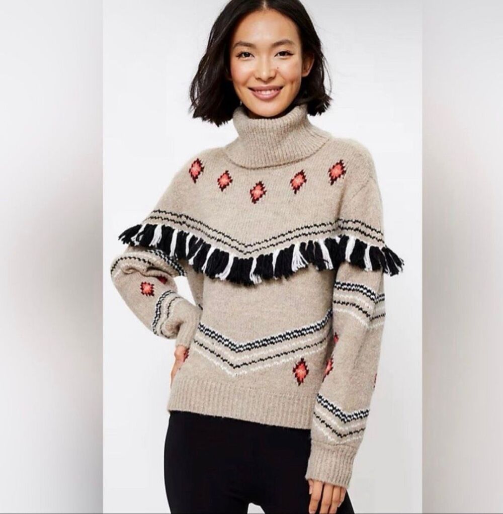 Lou & Grey for Loft Fringe Fair Isle Turtleneck Sweater Wool Blend Size XL